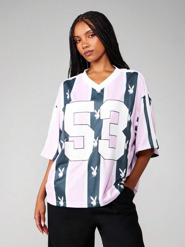 Missguided x Playboy Bunny Head Stripe Oversized V-Neck Football Jersey Tee