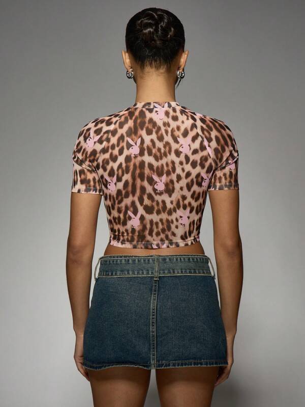 Missguided X Playboy Bunny Leopard Print Mesh Short Sleeve T-Shirt