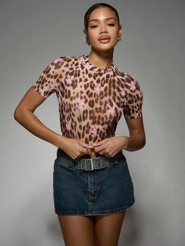 Missguided x Playboy Bunny Leopard Print Mesh Short Sleeve T-Shirt