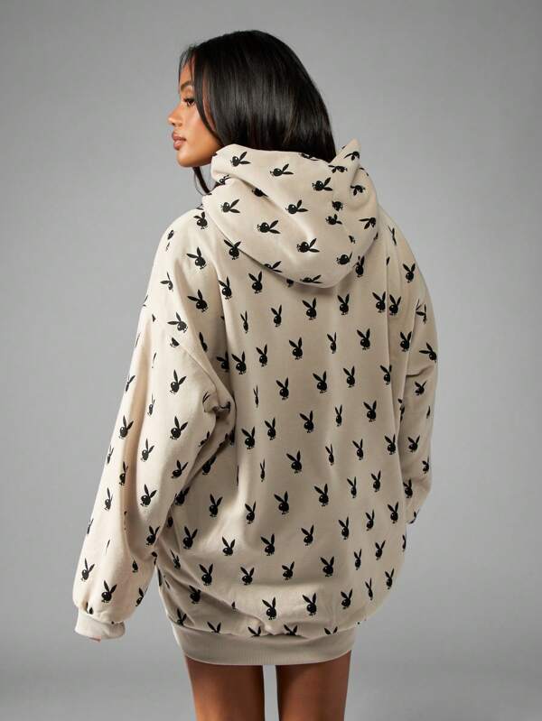 Missguided X Playboy Bunny Logo All Over Print Oversized Cozy Hoodie Sweatshirt