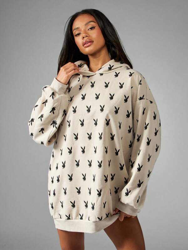 Missguided X Playboy Bunny Logo All Over Print Oversized Cozy Hoodie Sweatshirt