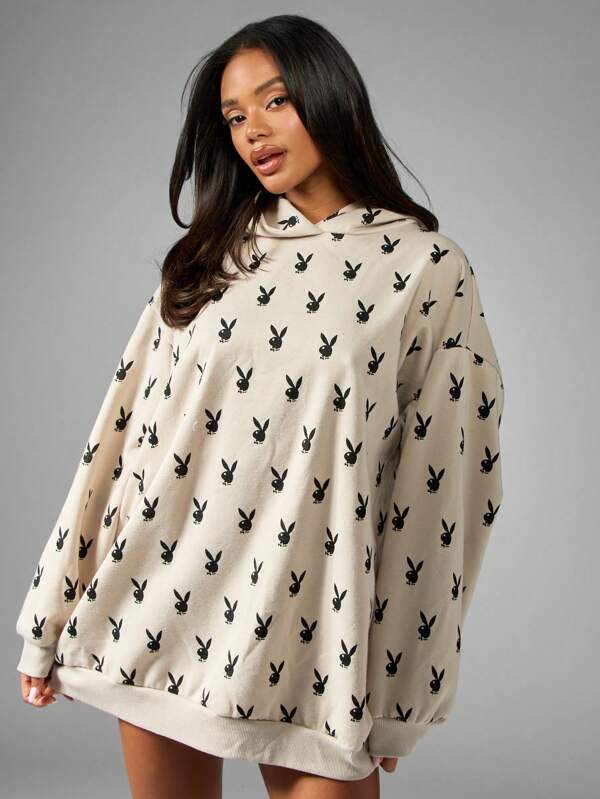 Missguided x Playboy Bunny Logo All Over Print Oversized Cozy Hoodie Sweatshirt