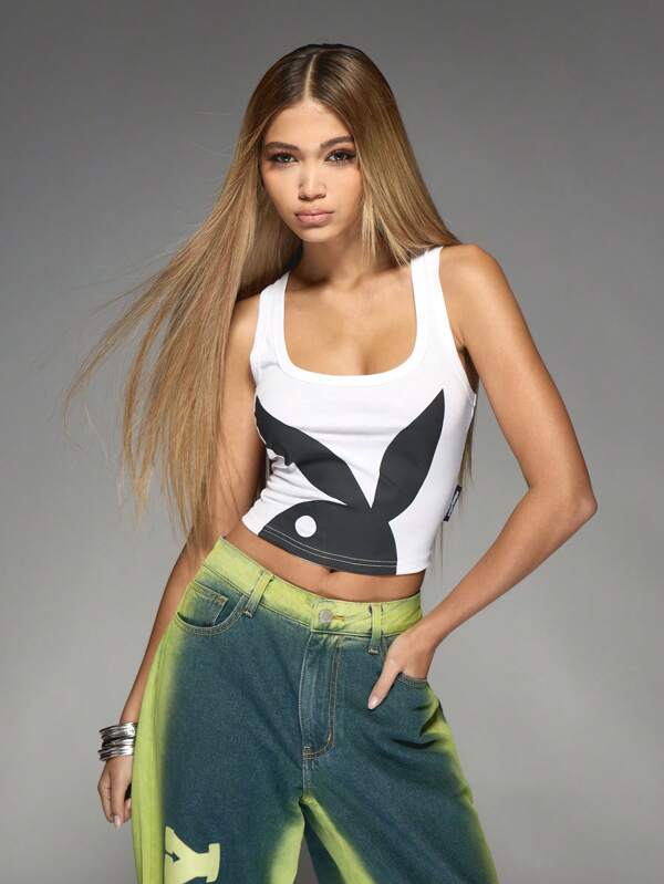 Missguided x Playboy Bunny Logo Crop Tank With Racerback Design