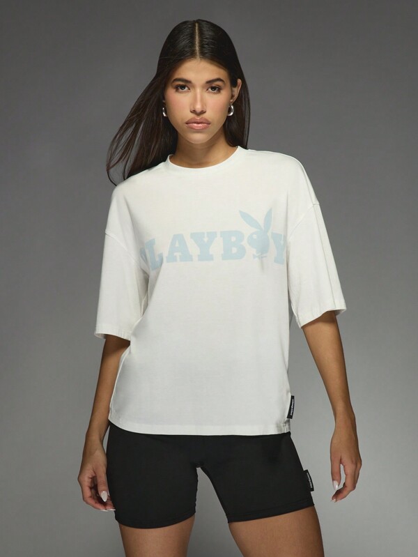 Missguided x Playboy Bunny Logo Print Round Neck Boxy Short Sleeve Casual T-Shirt