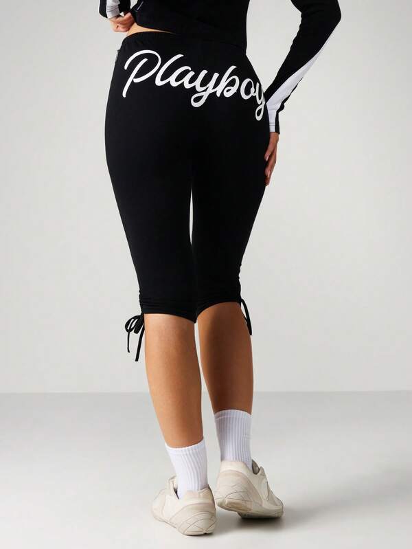 Missguided X Playboy Bunny Logo Stripe Capri Leggings With Side Ties