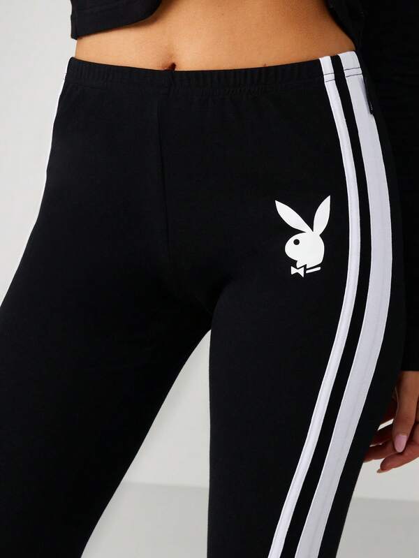 Missguided X Playboy Bunny Logo Stripe Capri Leggings With Side Ties