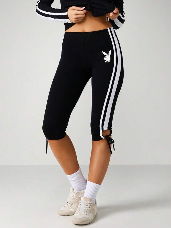 Missguided x Playboy Bunny Logo Stripe Capri Leggings With Side Ties