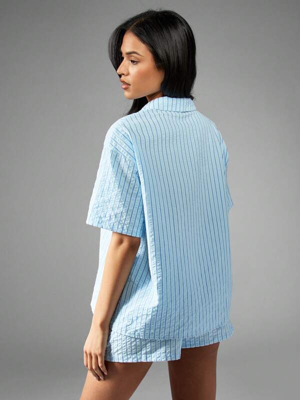 Missguided X Playboy Bunny Logo Striped Button-Up Oversized Short Sleeve Blouse