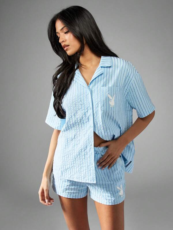 Missguided X Playboy Bunny Logo Striped Button-Up Oversized Short Sleeve Blouse