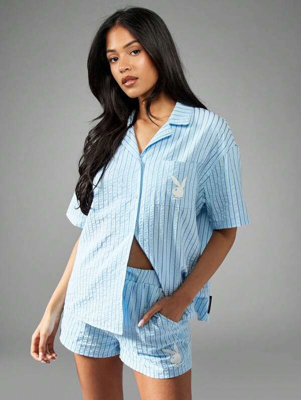 Missguided x Playboy Bunny Logo Striped Button-Up Oversized Short Sleeve Blouse