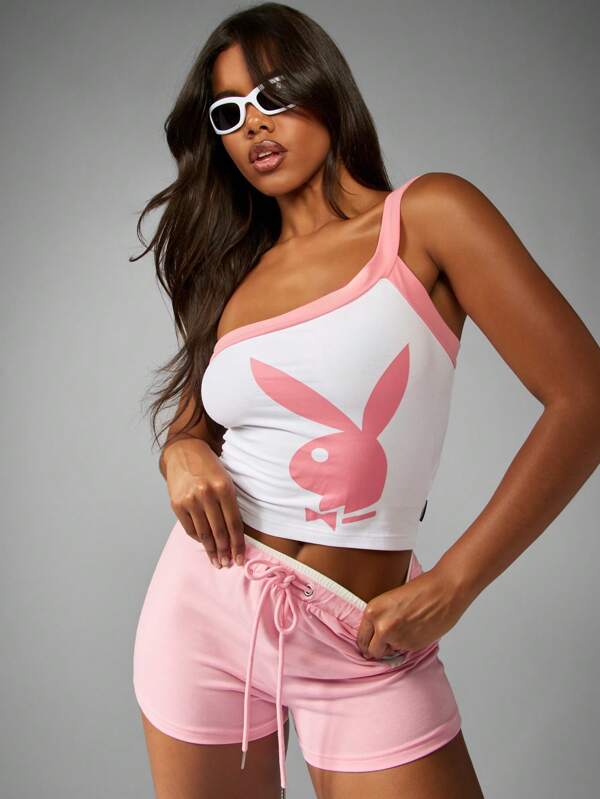 Missguided x Playboy Bunny One Shoulder Crop Sleeveless Fitted Retro Street Style Tank Top Camisole