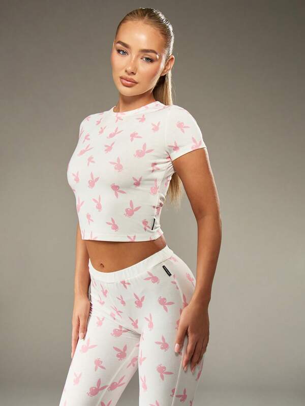 Missguided X Playboy Bunny Print Crop Top And Capri Pants Set