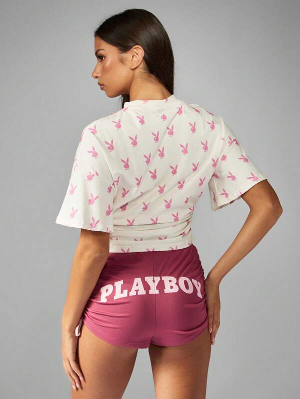 Missguided X Playboy Bunny Print Cropped T Shirt With Ruched Waist