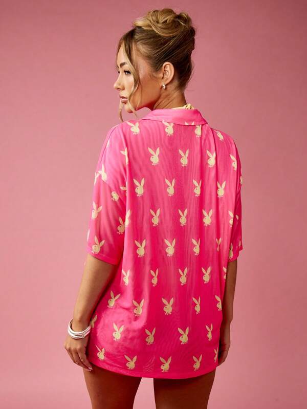 Missguided X Playboy Bunny Print Mesh Oversized Sheer Button Down Pink Women Blouse
