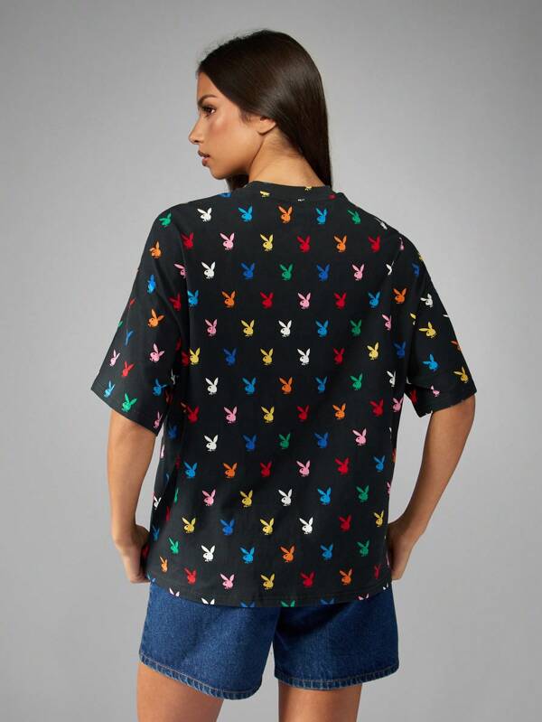 Missguided X Playboy Bunny Print Oversized T Shirt With All Over Pattern