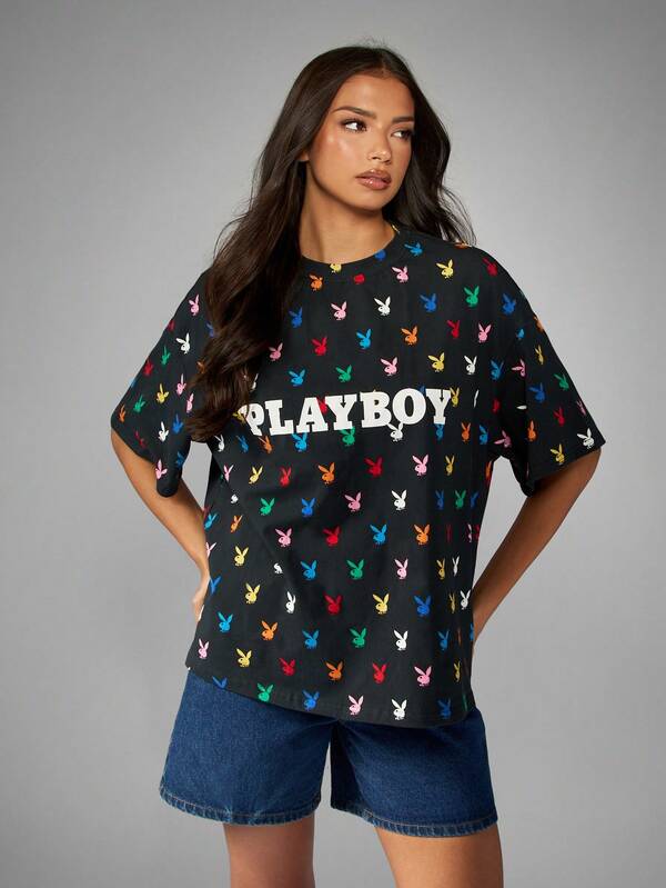 Missguided X Playboy Bunny Print Oversized T Shirt With All Over Pattern