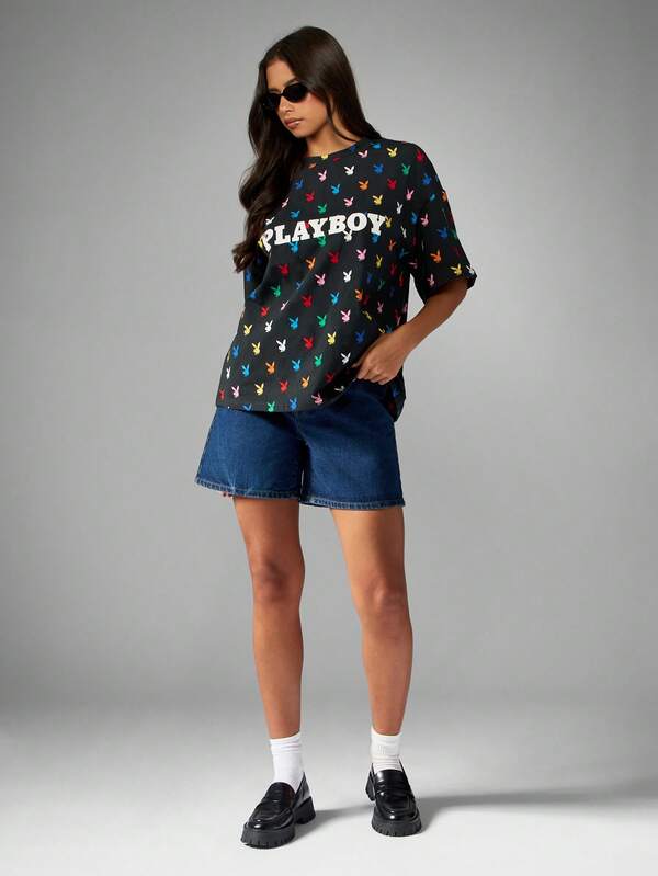 Missguided X Playboy Bunny Print Oversized T Shirt With All Over Pattern
