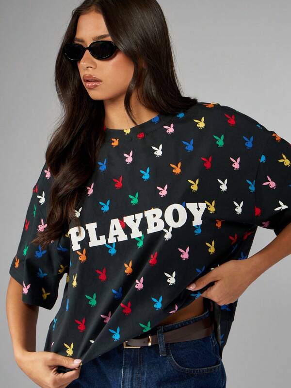 Missguided x Playboy Bunny Print Oversized T Shirt With All Over Pattern