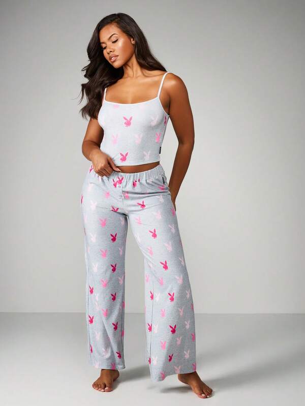 Missguided x Playboy Bunny Print Pajama Set With Cami And Wide Leg Pants