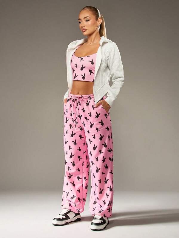 Missguided X Playboy Bunny Print Sweatpants With Drawstring Waist