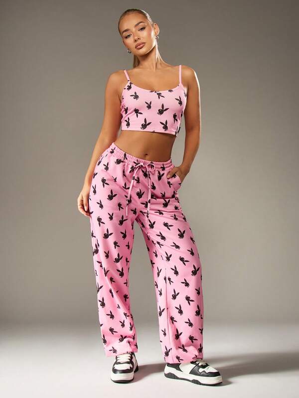 Missguided x Playboy Bunny Print Sweatpants With Drawstring Waist