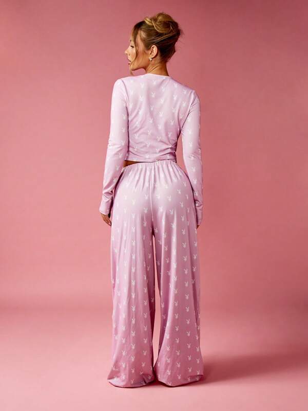 Missguided X Playboy Bunny Print Two Piece Lounge Set Long Sleeve Crop Top Wide Leg Pants