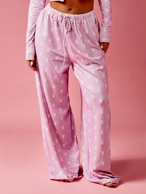 Missguided X Playboy Bunny Print Two Piece Lounge Set Long Sleeve Crop Top Wide Leg Pants