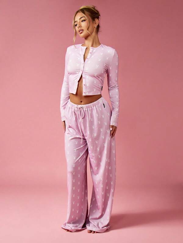 Missguided x Playboy Bunny Print Two Piece Lounge Set Long Sleeve Crop Top Wide Leg Pants