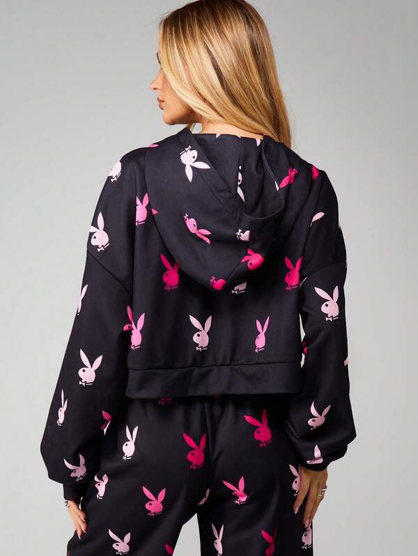 Missguided X Playboy Bunny Print Zip Up Hoodie With Drawstring