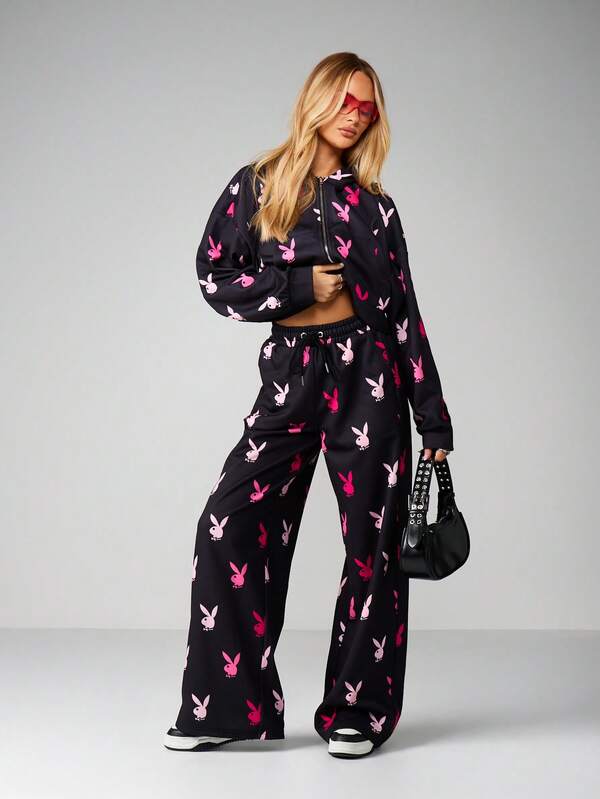Missguided X Playboy Bunny Print Zip Up Hoodie With Drawstring