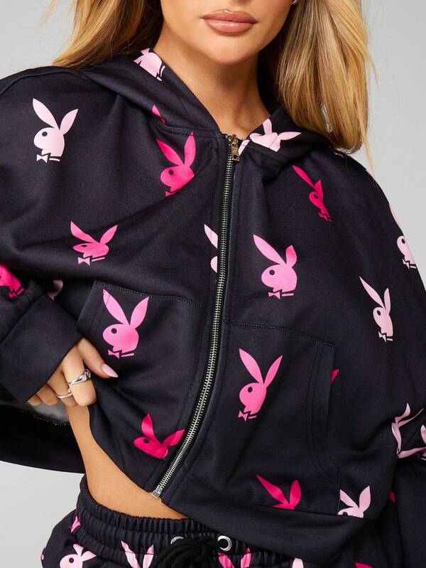 Missguided X Playboy Bunny Print Zip Up Hoodie With Drawstring