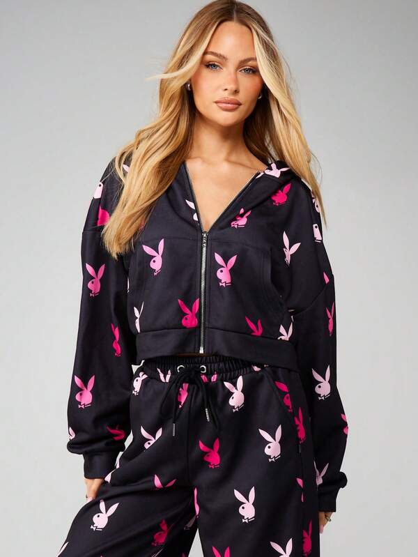 Missguided X Playboy Bunny Print Zip Up Hoodie With Drawstring