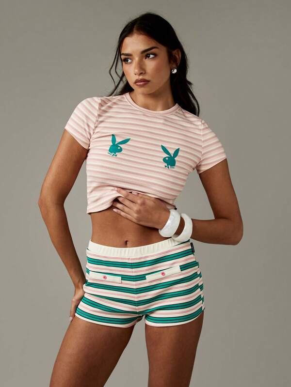 Missguided x Playboy Bunny Stripe Ribbed Crop Tee