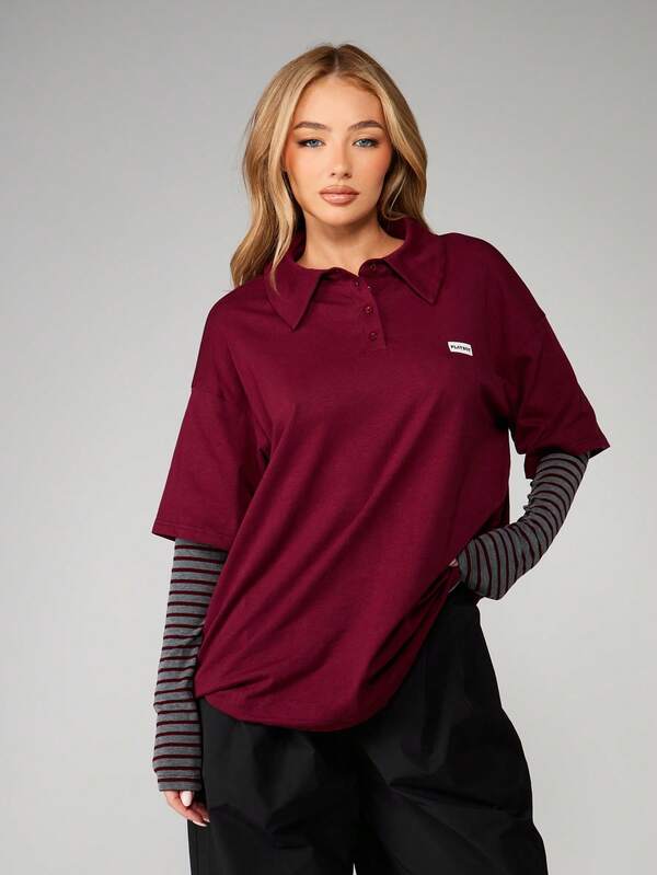 Missguided x Playboy Burgundy Polo With Striped Sleeves
