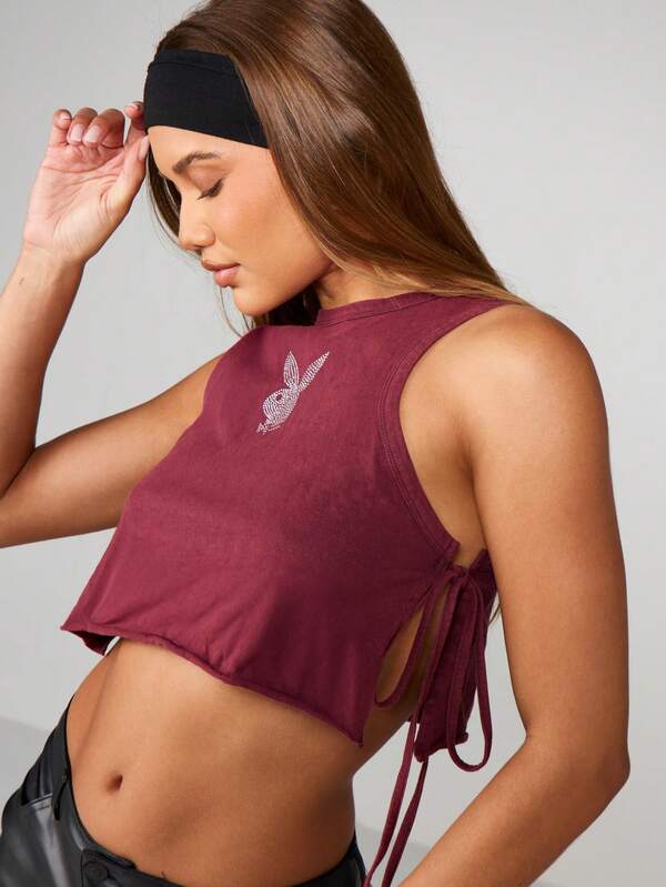 Missguided x Playboy Burgundy Tank With Rhinestone Design