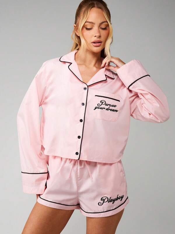 Missguided X Playboy Button Front Pajama Set With Drawstring Shorts
