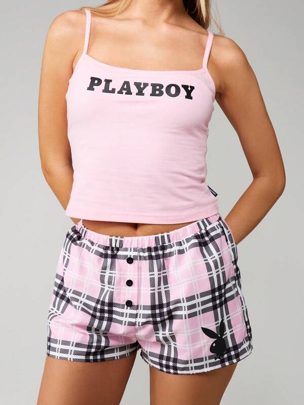 Missguided X Playboy Cami With Plaid Shorts