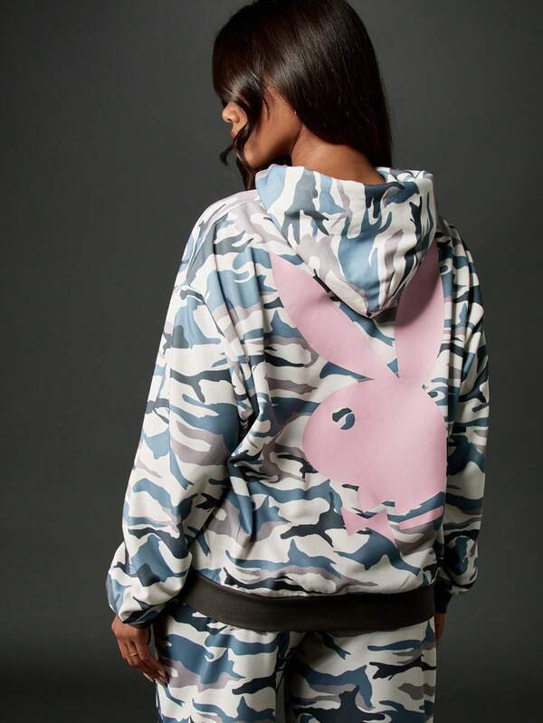 Missguided X Playboy Camo Print Hoodie With Drawstring And Bunny Logo