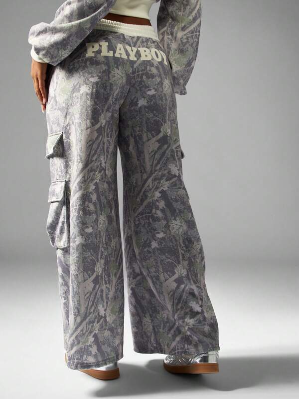 Missguided X Playboy Camo Wide Leg Cargo Joggers With Pockets