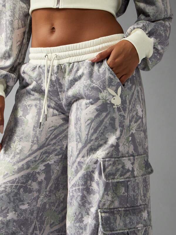 Missguided X Playboy Camo Wide Leg Cargo Joggers With Pockets