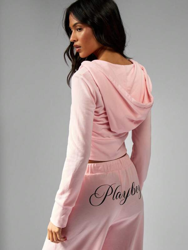Missguided X Playboy Casual Full Zip Cropped Sweatshirt Fitted Hoodie Script Design