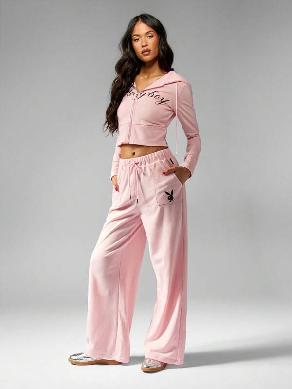 Missguided X Playboy Casual Full Zip Cropped Sweatshirt Fitted Hoodie Script Design