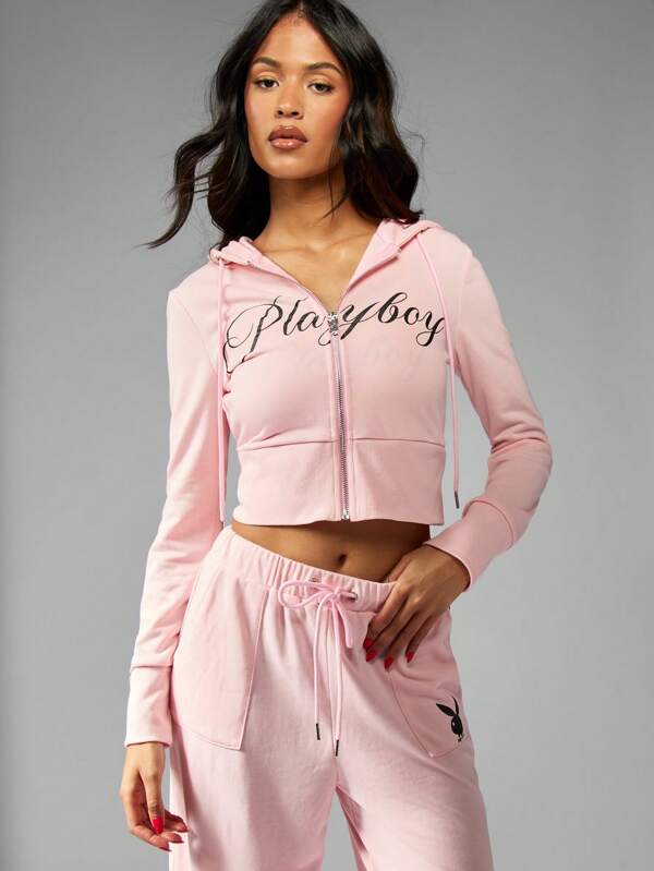 Missguided X Playboy Casual Full Zip Cropped Sweatshirt Fitted Hoodie Script Design