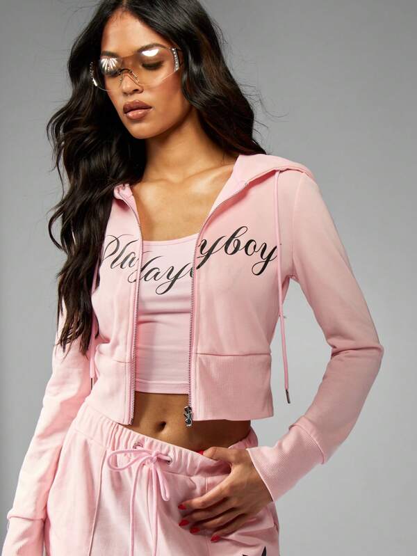 Missguided x Playboy Casual Full Zip Cropped Sweatshirt Fitted Hoodie Script Design