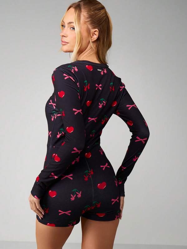 Missguided X Playboy Cherry And Bow Print Romper With Quarter Zip