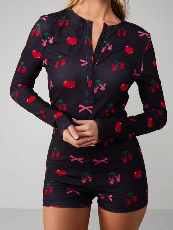 Missguided X Playboy Cherry And Bow Print Romper With Quarter Zip