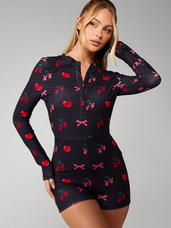 Missguided x Playboy Cherry And Bow Print Romper With Quarter Zip