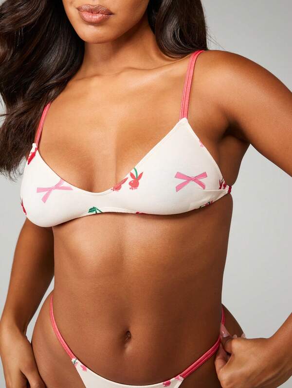 Missguided X Playboy Cherry Bow Print Bralette And Panty Set