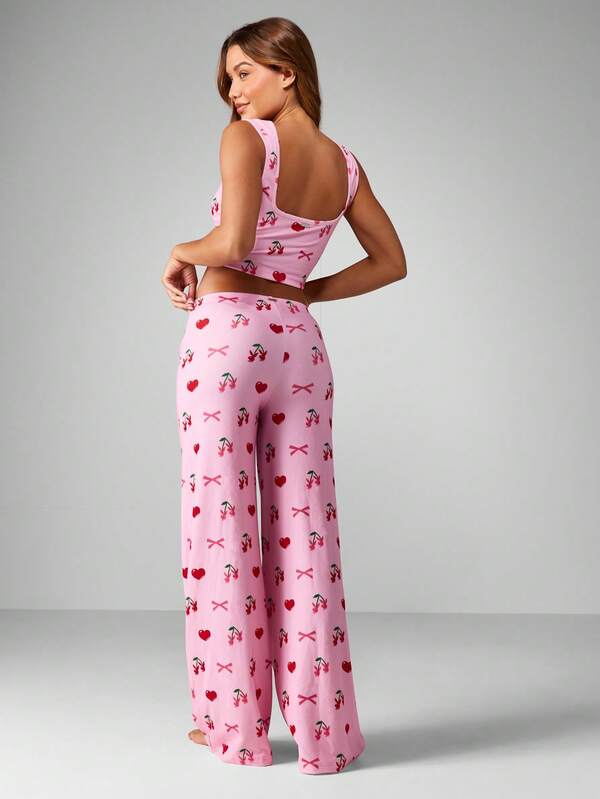 Missguided X Playboy Cherry Bow Print Crop Tank With Wide Leg Pants
