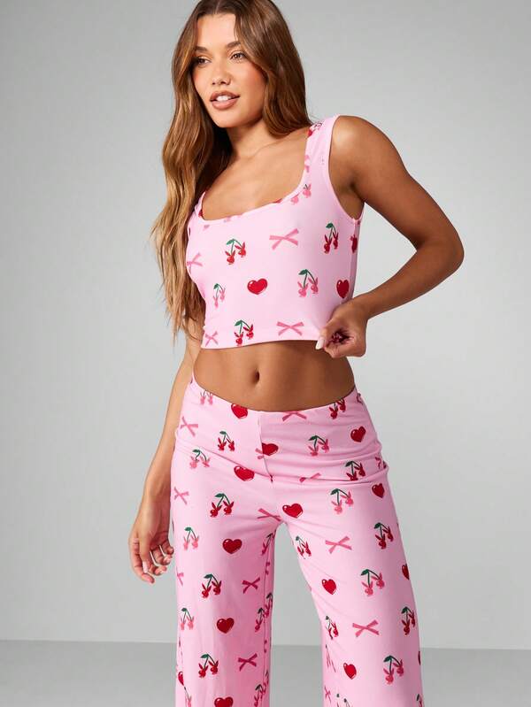 Missguided X Playboy Cherry Bow Print Crop Tank With Wide Leg Pants